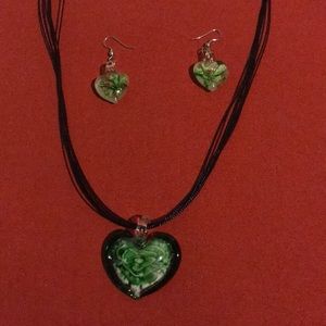 Matching glass heart necklace and earrings set